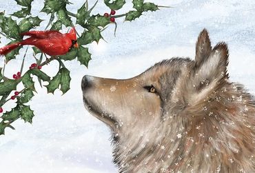 Wolf and cardinal in winter