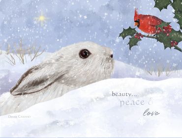white rabbit and cardinal in winter