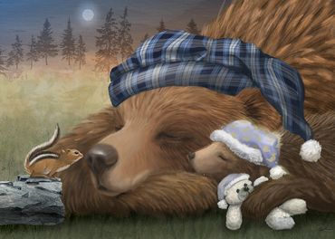 A sleeping bear and her cub, brown bear, chipmonk 