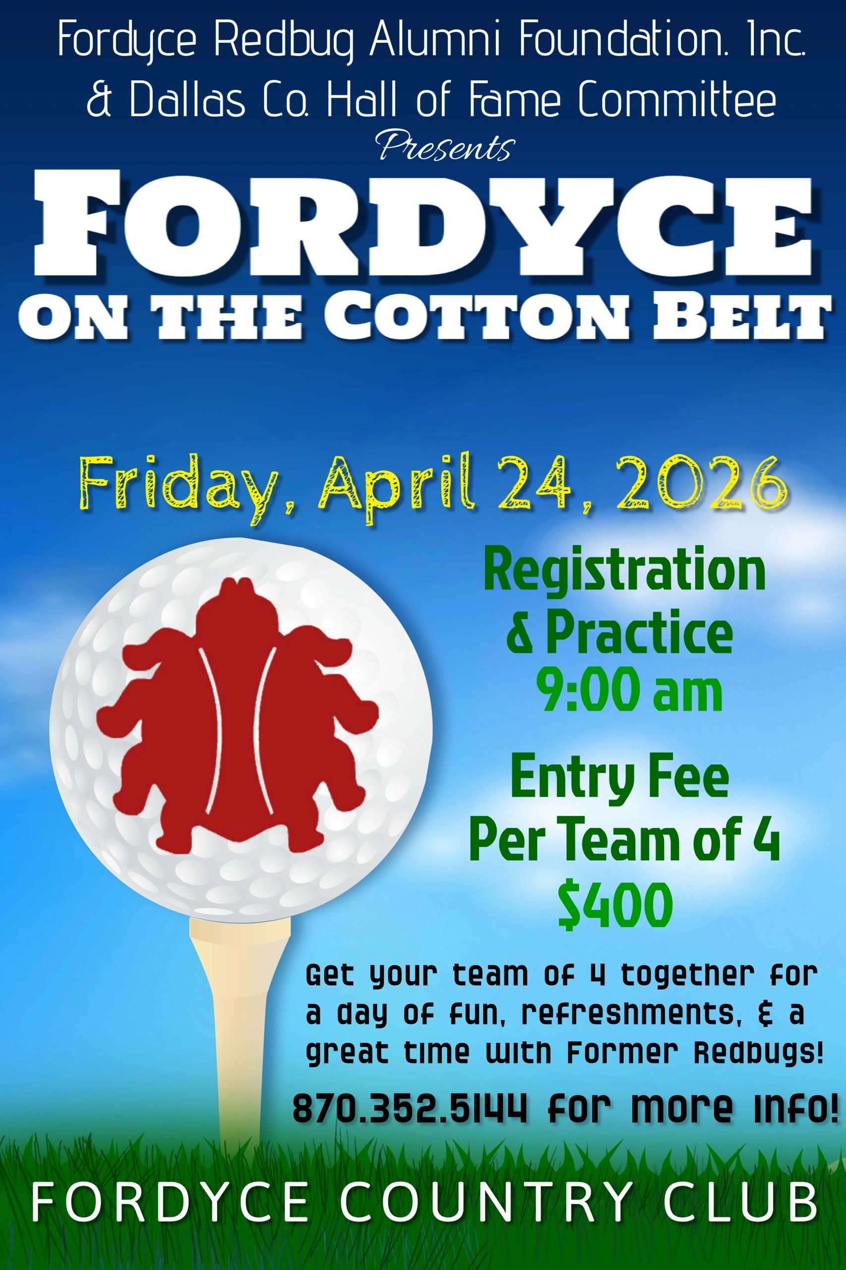 Golf tournament flyer for Fordyce on the Cotton Belt, April 24, 2026.