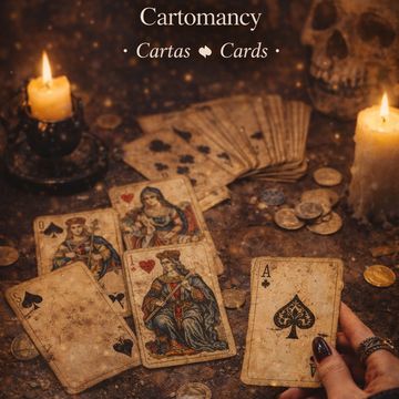 Old playing cards laid out for cartomancy with candles and coins around.