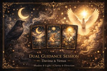 Mystical tarot cards with crow and glowing dove under a crescent moon.