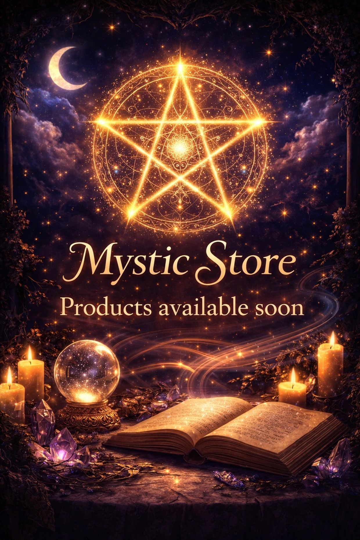 Mystic Store announcement with glowing pentagram, candles, crystal ball, and ancient book.