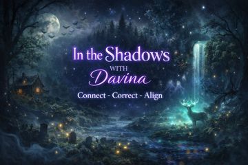 Mystical forest scene with glowing deer and moonlit waterfall, featuring text for 'In the Shadows with Davina.'