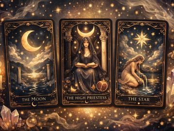 A mystical tarot card spread featuring The Moon, The High Priestess, and The Star.