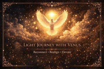 A glowing dove in a starry sky with the text Light Journey with Venus.
