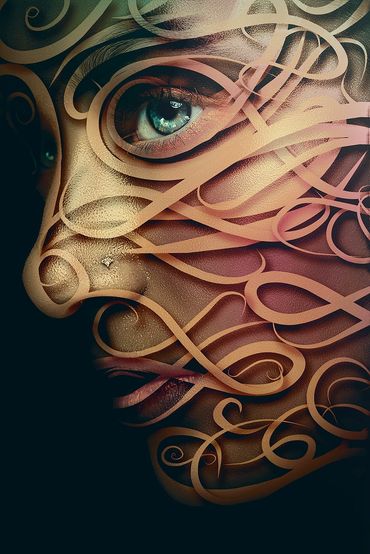 Face with intricate swirling calligraphy design.