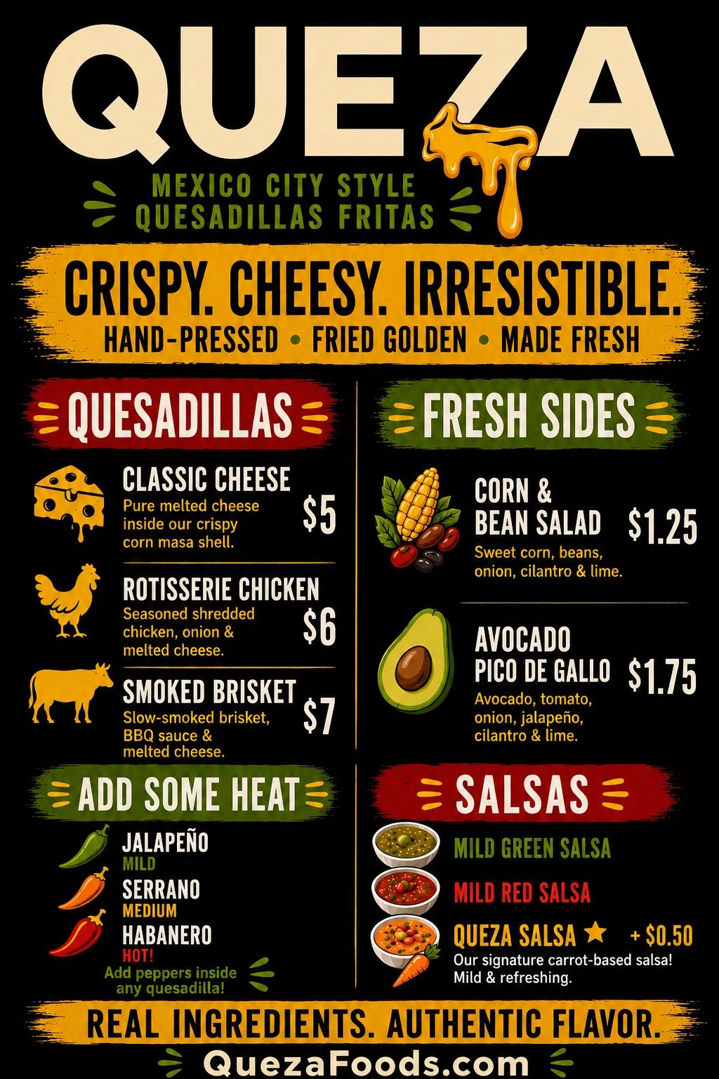 Menu for Queza, Mexico City style quesadillas with sides and salsas.