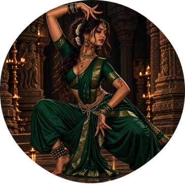 Woman in traditional Indian dance pose wearing green attire.