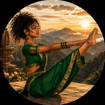Woman in green traditional attire doing yoga at sunset.