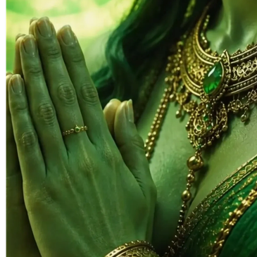 Close-up of hands in traditional prayer gesture with ornate jewelry.