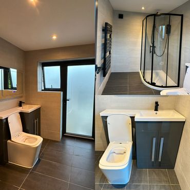 Modern bathroom with sleek fixtures and frosted glass door.