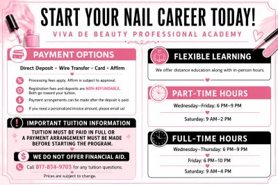 Advertisement for starting a nail career with payment and scheduling details.