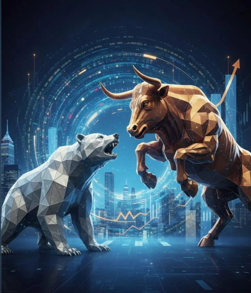 Geometric bull and bear figures symbolize stock market trends against a cityscape.