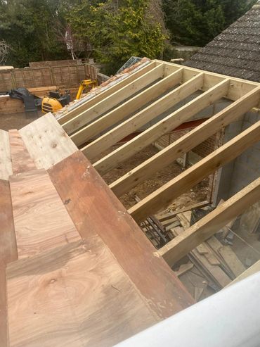 new hand cut roof for single storey extension, ply lines for lead flashing. 