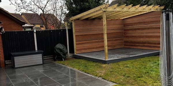 Landscaping project, new patio and pergola using cedar in Sandy Bedfordshire. 