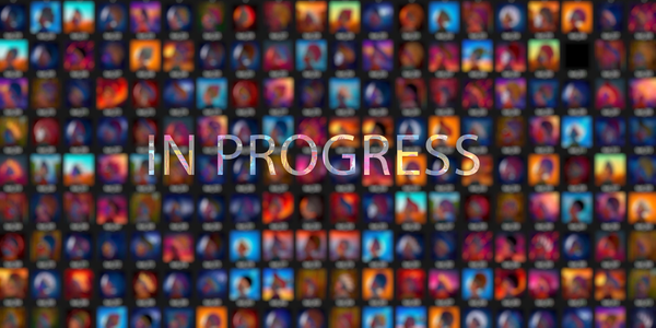 Colorful blurred digital avatars with 'IN PROGRESS' text overlay.