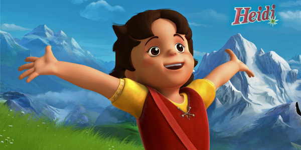 Animated character Heidi joyfully spreading her arms with mountain backdrop.