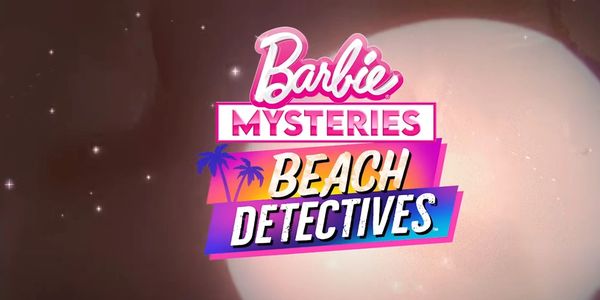 Logo of Barbie Mysteries: Beach Detectives with colorful text and palm trees.