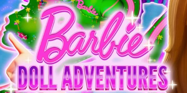 Bright pink and purple Barbie Doll Adventures logo with sparkles and a thumbs-up.