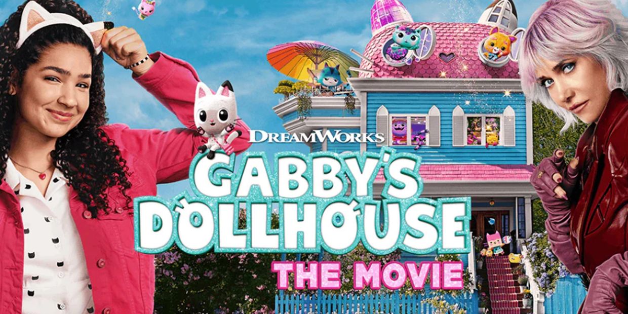 Promotional poster for DreamWorks' Gabby's Dollhouse The Movie with colorful characters and actors.