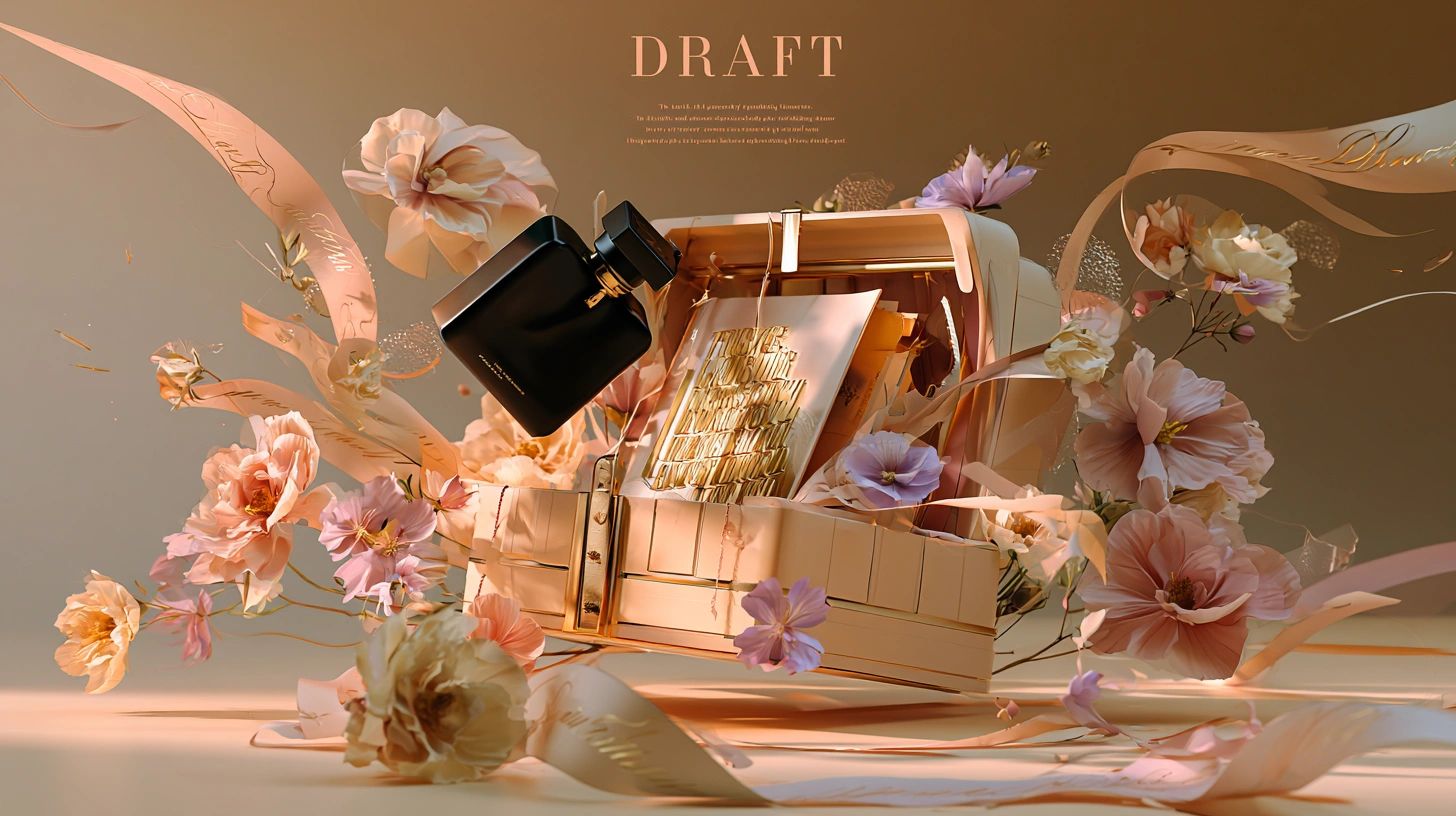 Elegant vintage typewriter surrounded by floating flowers and a black ink bottle in a warm, dreamy setting.