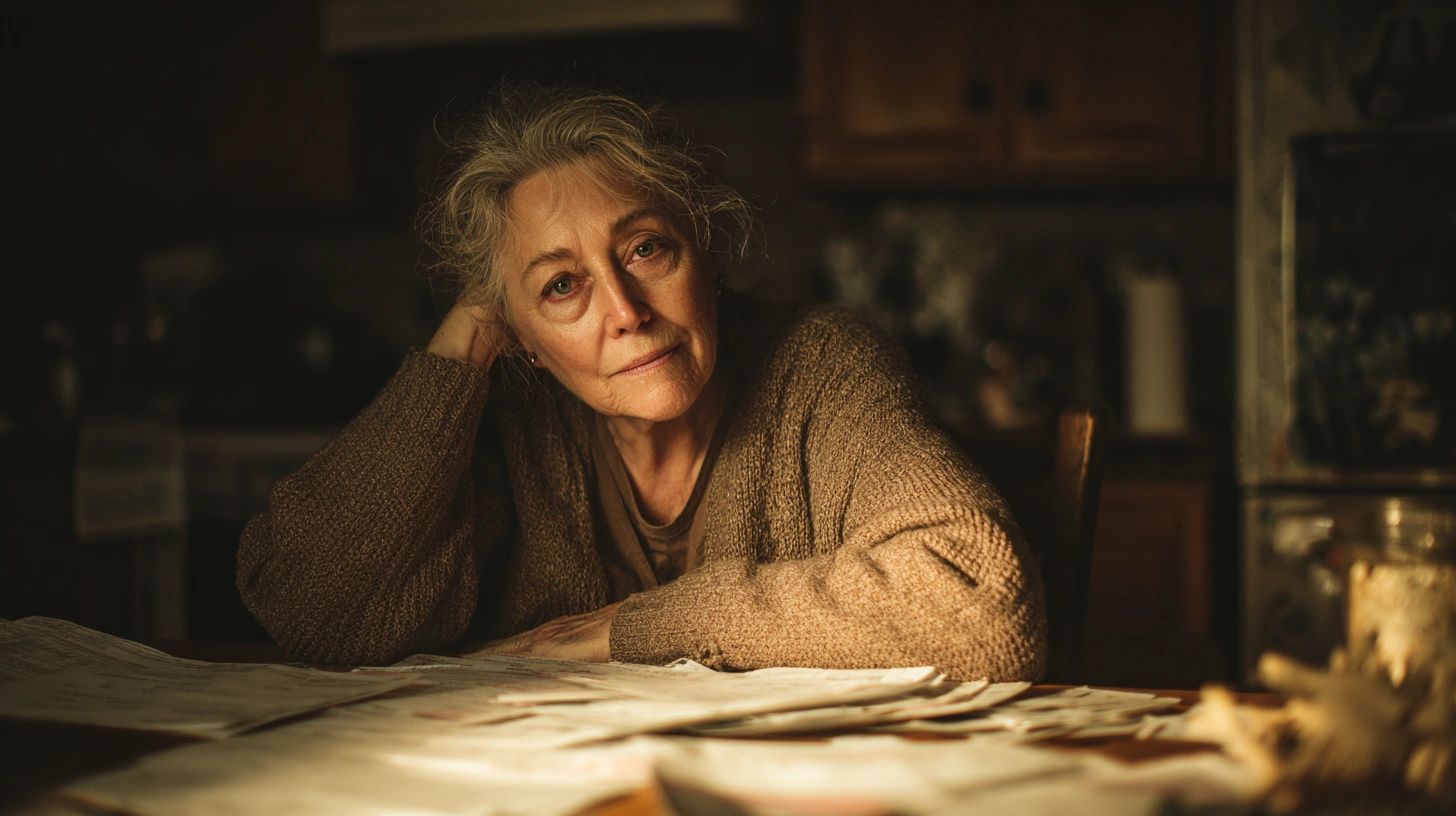 Thoughtful elderly woman sitting at a table covered with papers in a dimly lit room.