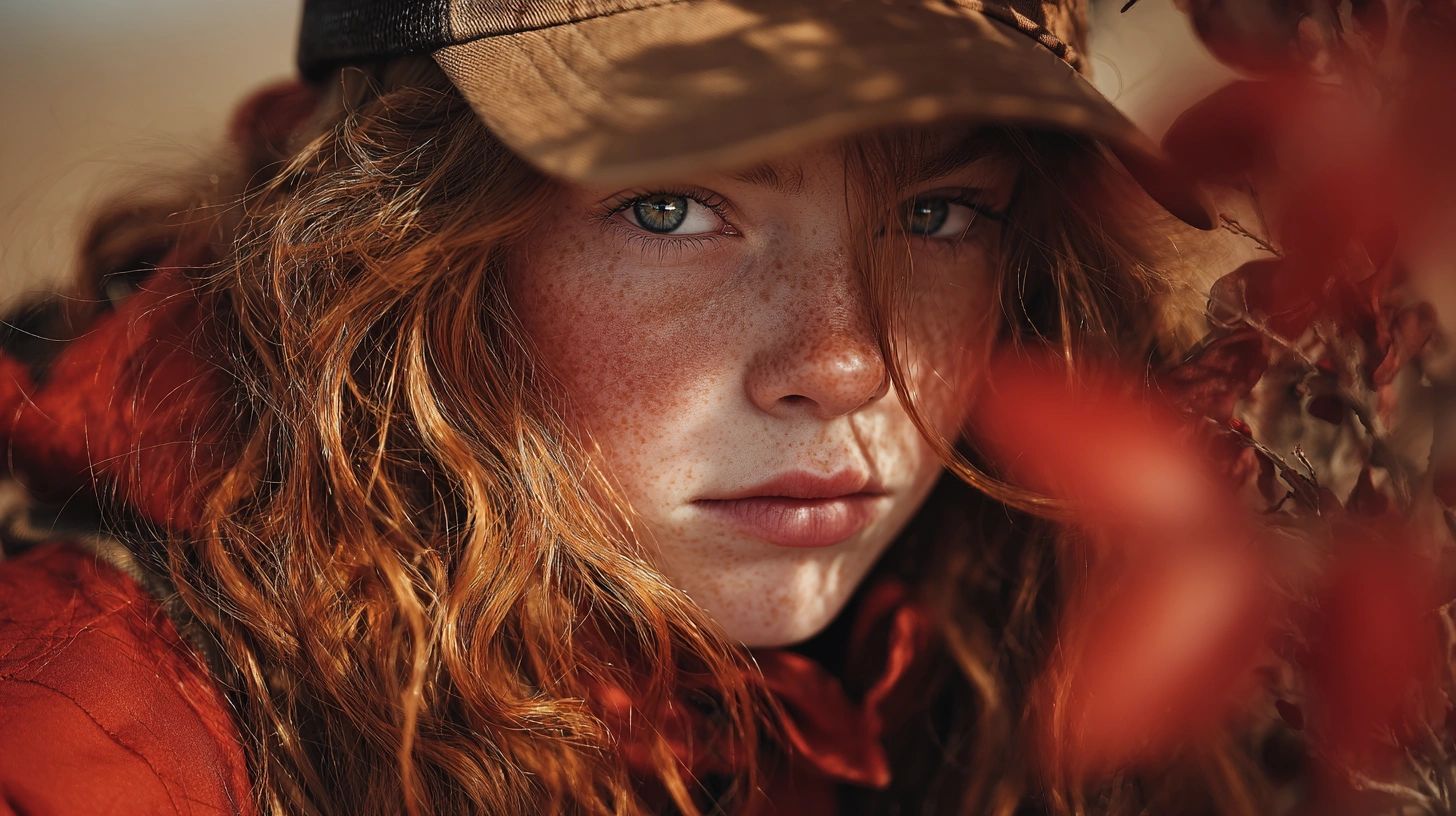 Close-up of a freckled red-haired girl with a cap among autumn leaves.
