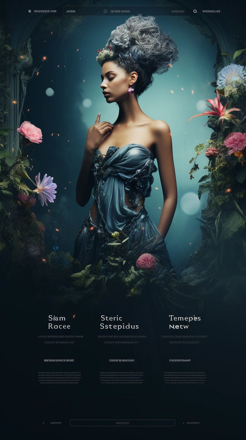 Elegant woman in a floral-themed fantasy setting with intricate hair and dress.
