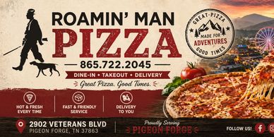 Roamin' Man Pizza offers dine-in, takeout, and delivery with fresh pizza and friendly service.