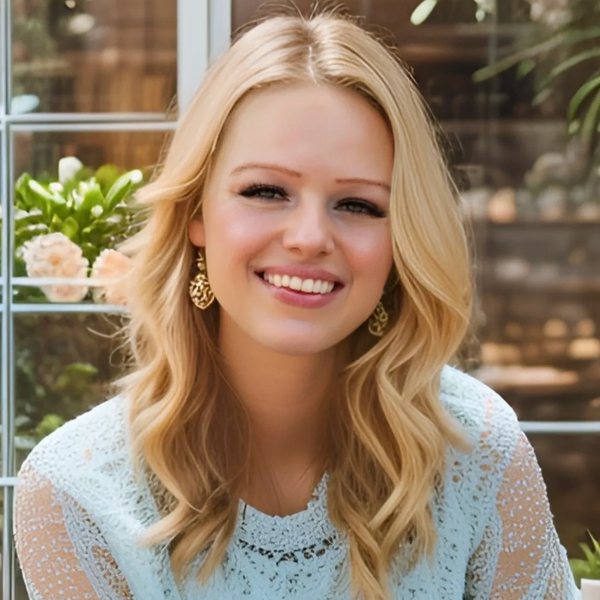 Smiling blonde woman with wavy hair and gold earrings in a light blue lace top.