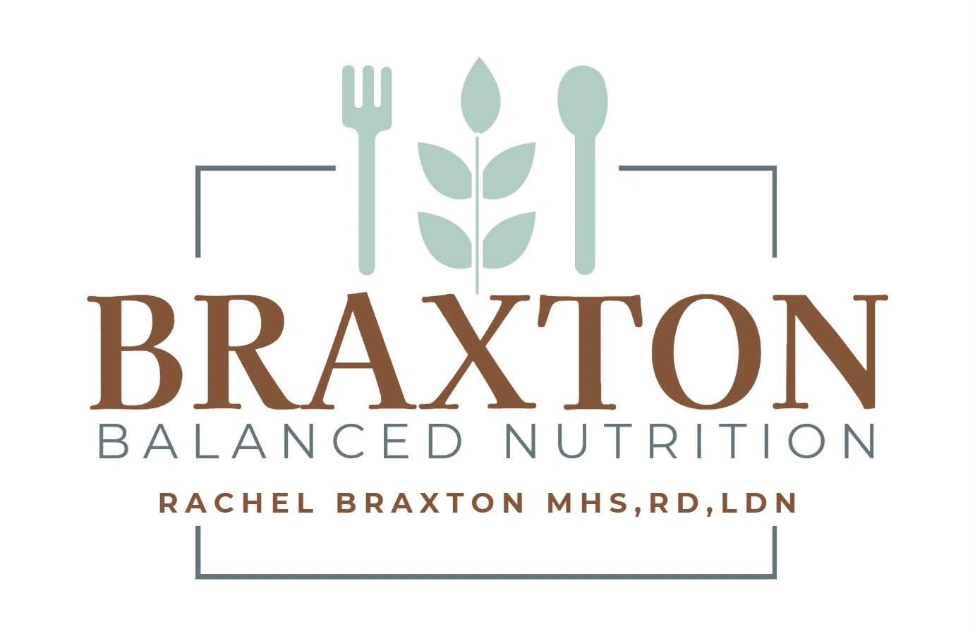 Logo for Braxton Balanced Nutrition with fork, leaf, and spoon icons.