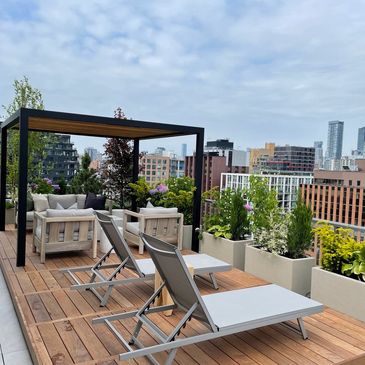 King West 5 condo terrace with pergola, planter boxes by Box Design