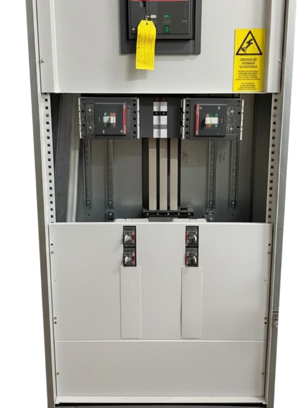 Industrial electrical panel with circuit breakers and warning labels.