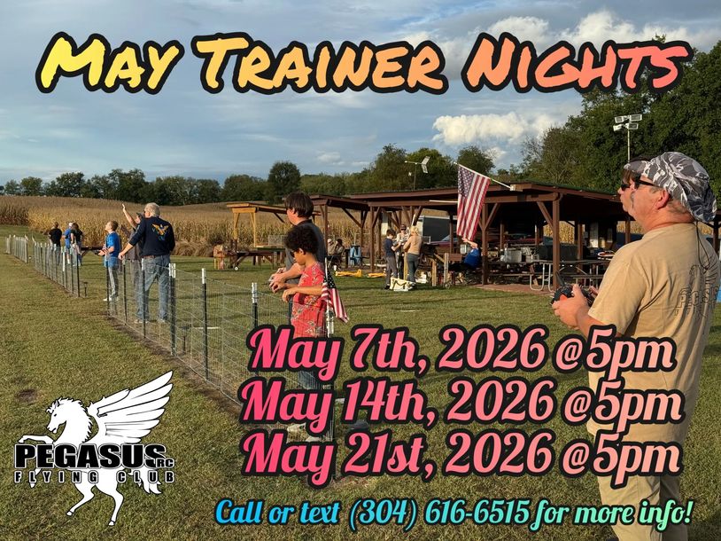 Outdoor flying club trainer nights scheduled for May 2026 with contact info.