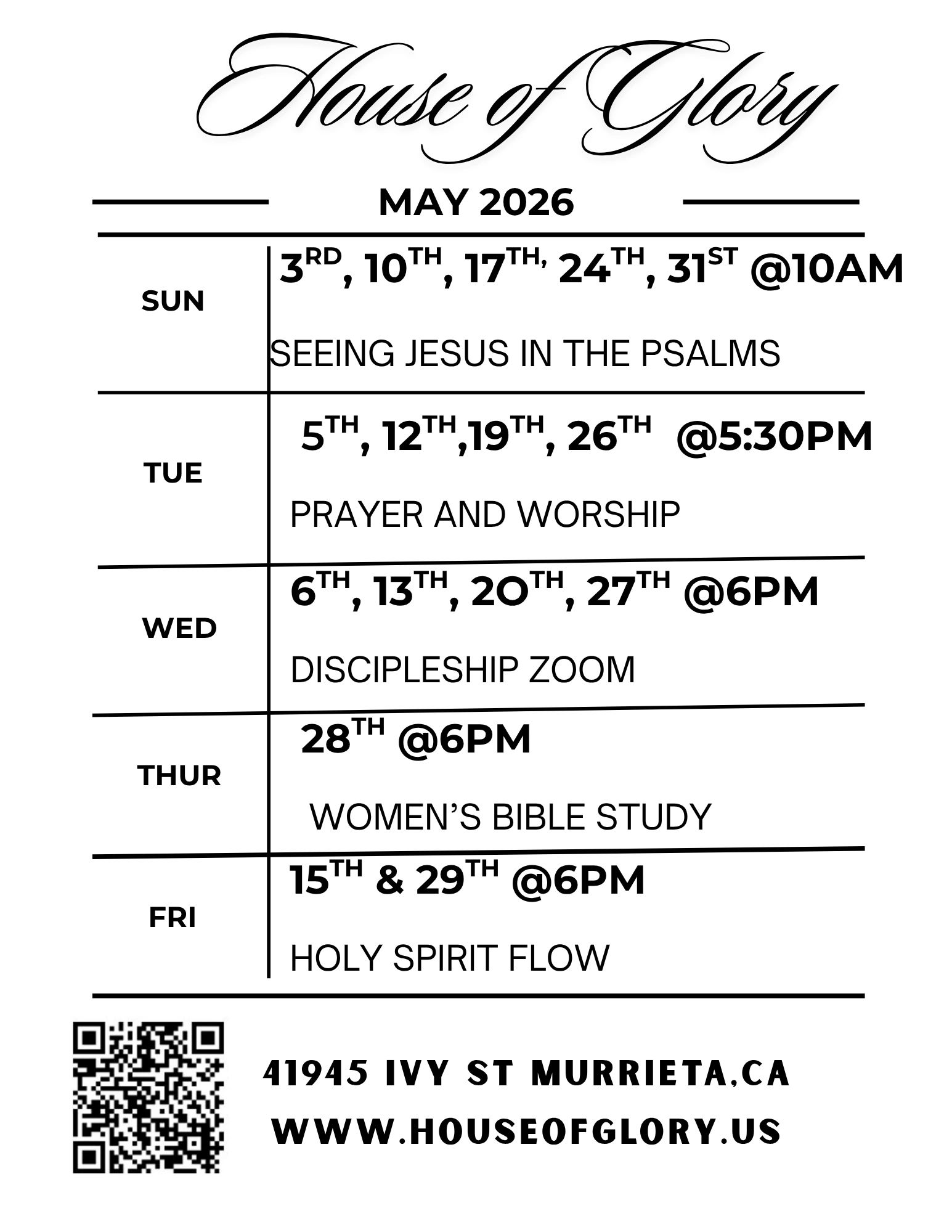 House of Glory May 2026 schedule with Bible study, prayer, worship, and discipleship events.