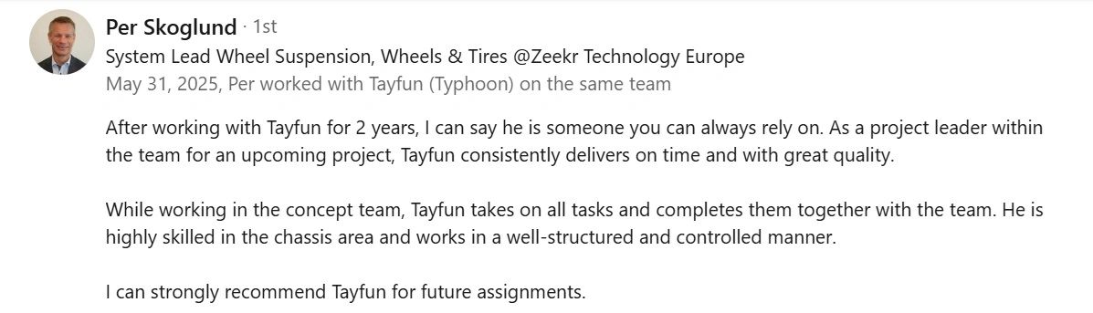 Professional recommendation highlighting reliability and expertise in wheel suspension projects.