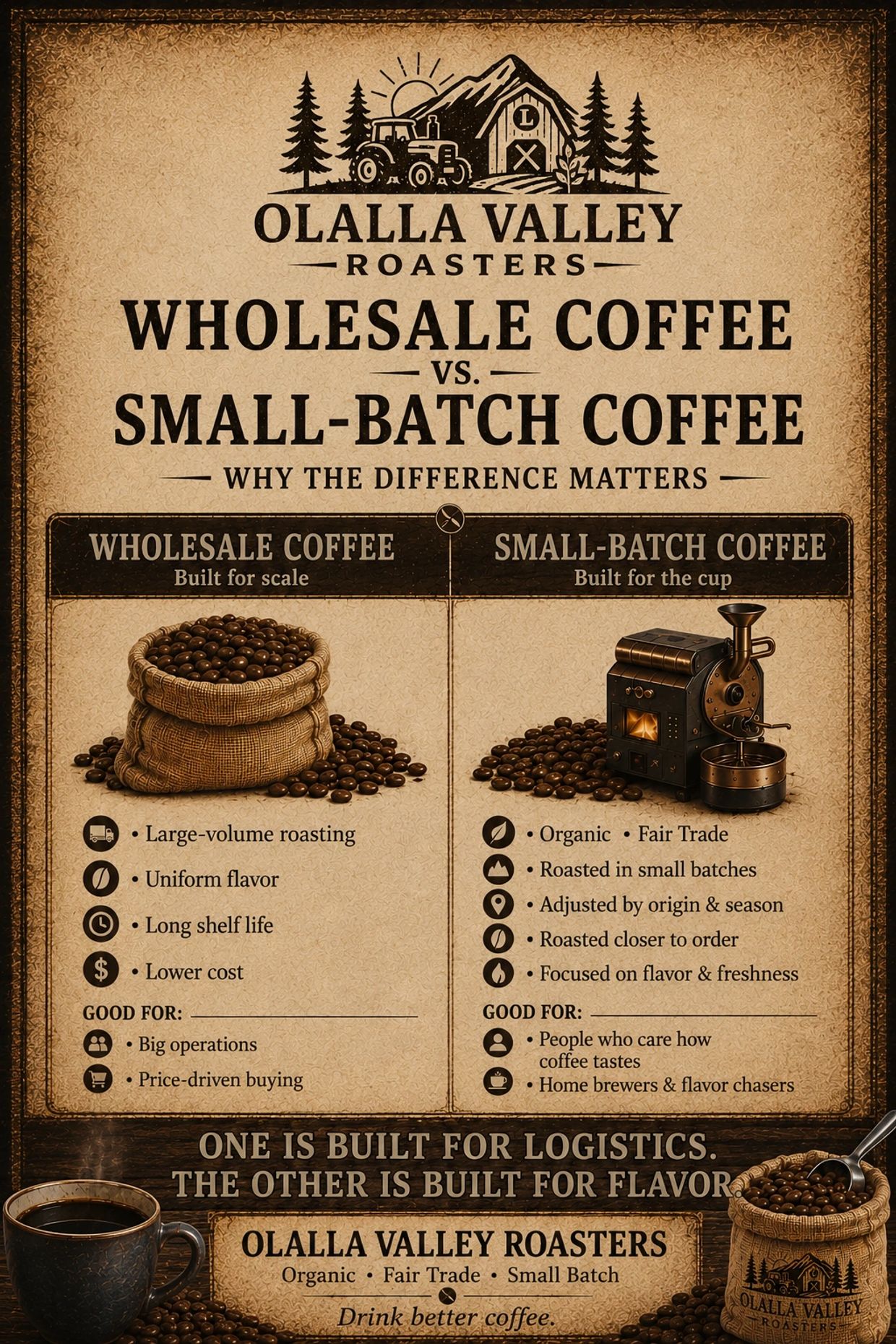 Comparison of wholesale coffee and small-batch coffee by Olalla Valley Roasters.