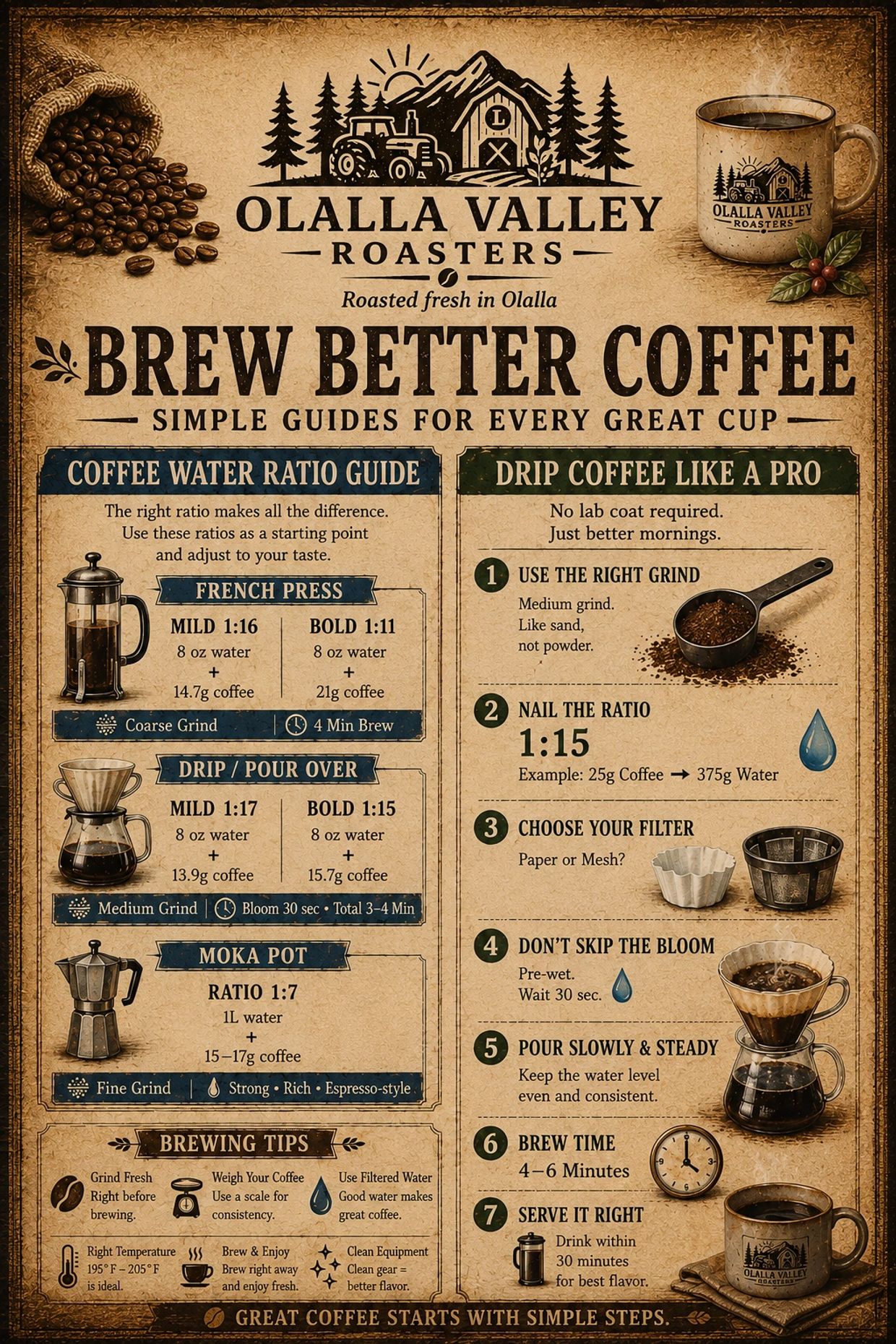 Olalla Valley Roasters coffee brewing guide with ratios and tips.