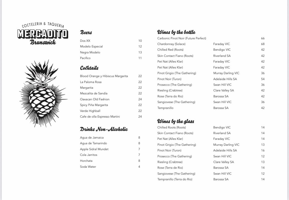 Mercadito Brunswick menu featuring beers, cocktails, non-alcoholic drinks, and wines by bottle and glass.