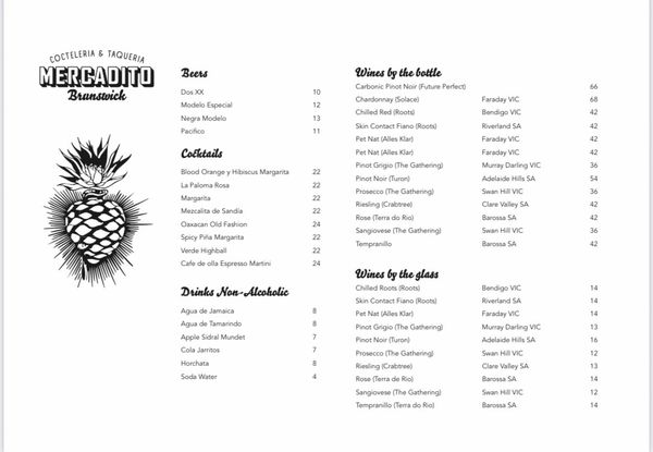 Mercadito Brunswick menu featuring beers, cocktails, non-alcoholic drinks, and wines by bottle and glass.