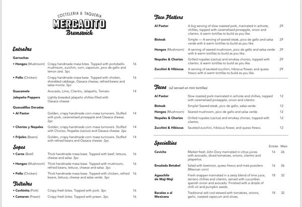 Menu from Mercadito Brunswick featuring Mexican dishes like tacos, tostadas, and ceviche.
