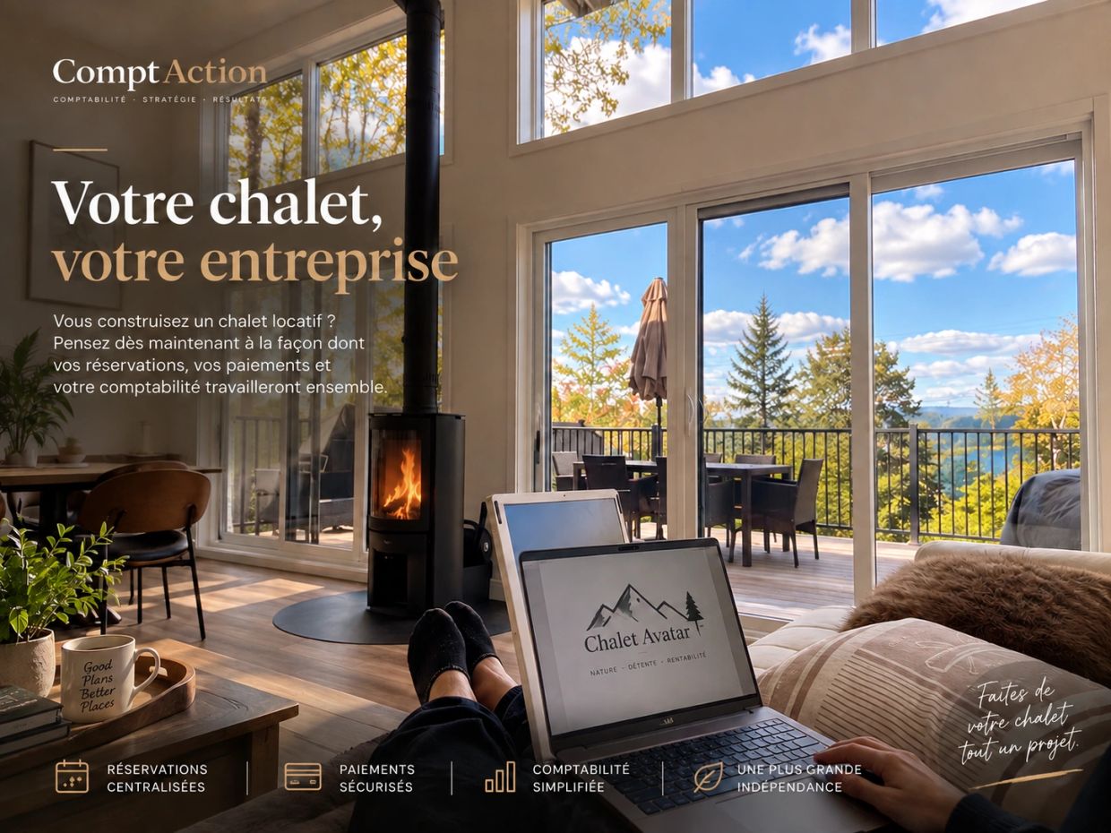Intérieur d'un chalet moderne avec vue sur la nature.