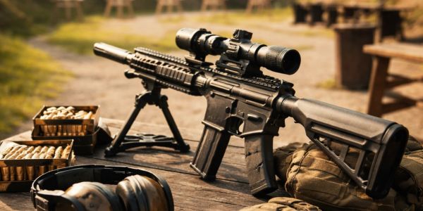 Tactical rifle on a wooden table with ammo.