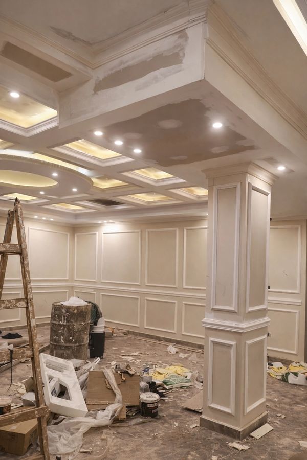 Room under renovation with construction materials scattered on the floor.