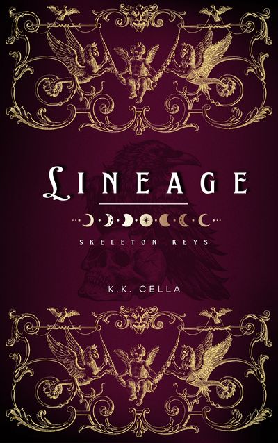 Book cover of "Lineage Skeleton Keys" by K.K. Cella with ornate gold designs.