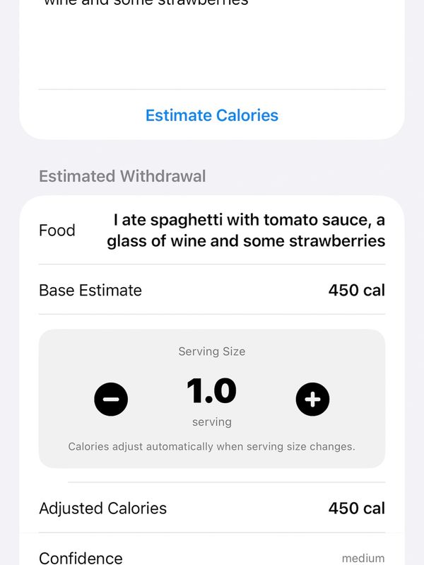 Calorie estimate of 450 for meal including spaghetti, wine, and strawberries.