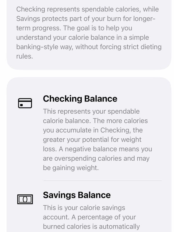 Explanation of Checking and Savings calorie balances for weight management.