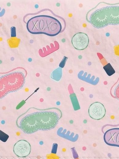 Pattern of sleep masks, makeup items, and polka dots on a pink background.