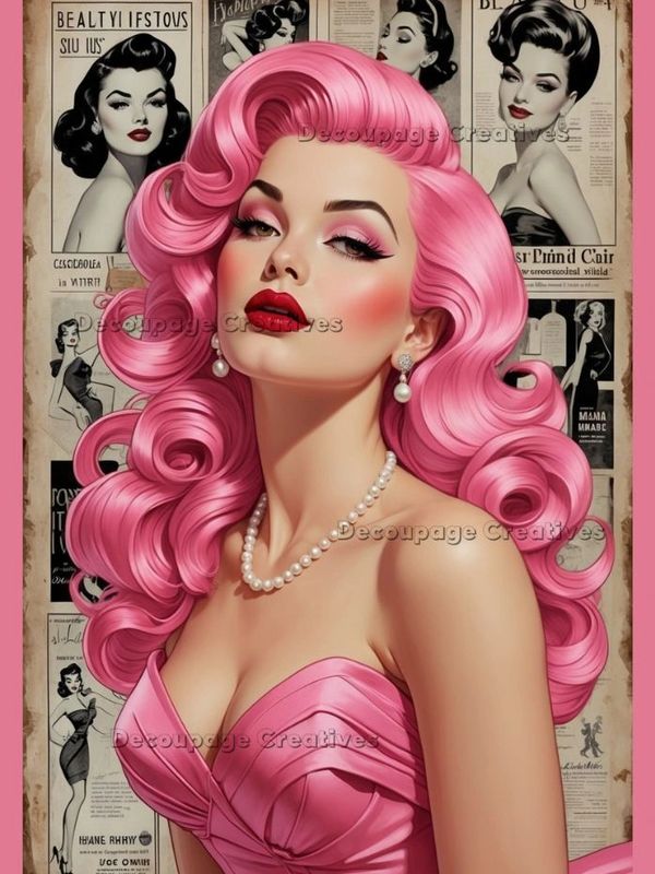 Glamorous woman with voluminous pink hair and vintage makeup.